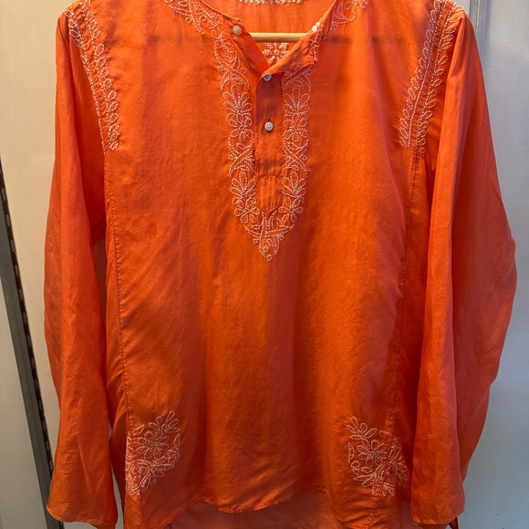 Vintage Silk Blouse – Bright Orange with Floral & Heart Embroidery | Long Sleeve - Picture 3 of 7